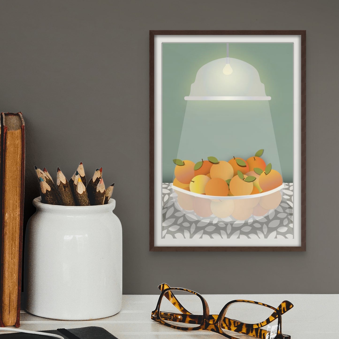 Radiant Harvest Bowl of Oranges | Sage Green Background | Fine Art Print Wall Decor