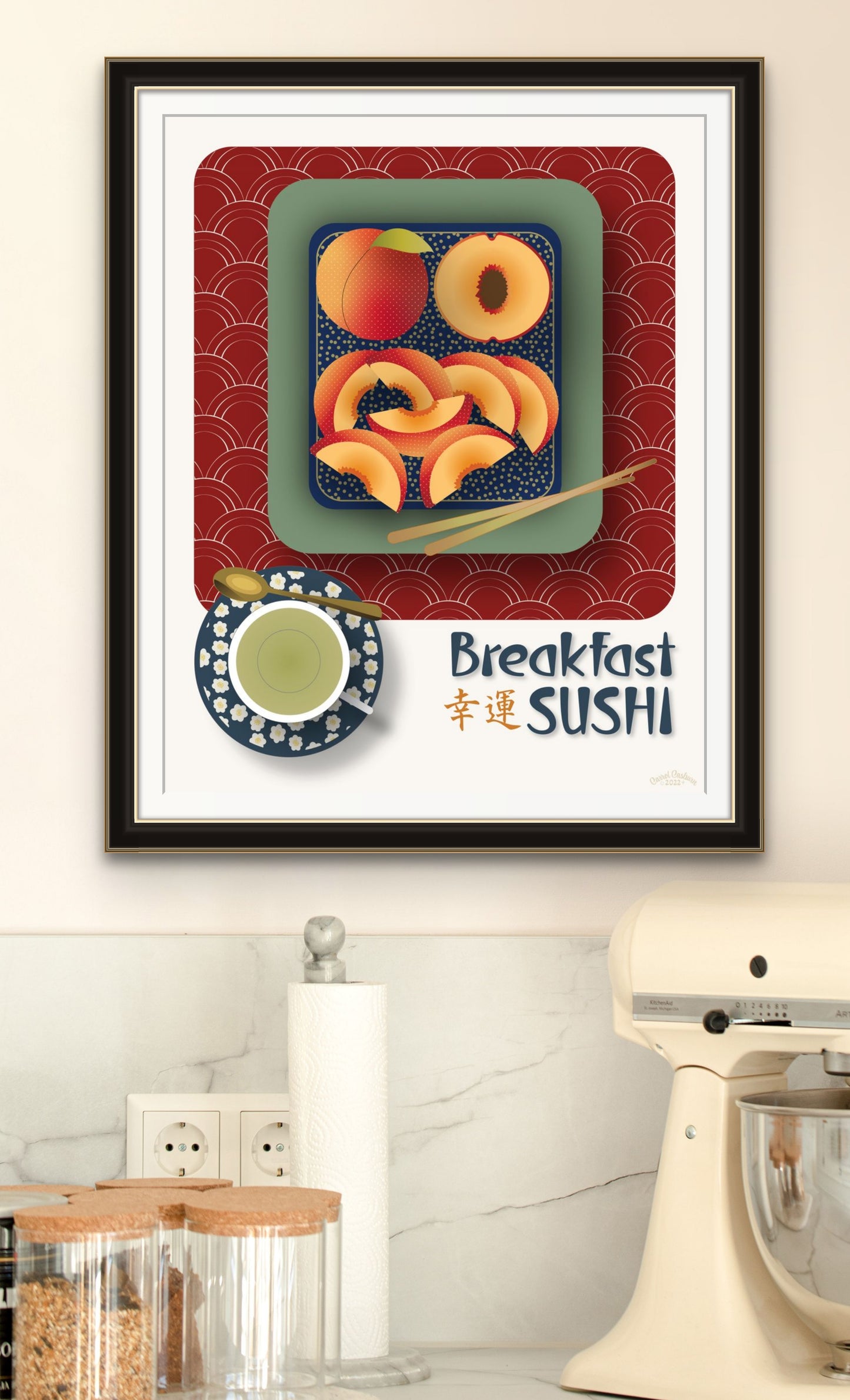 Japanese Artistic Peach Sushi Wall Art | Royale Red | Fine Art Print