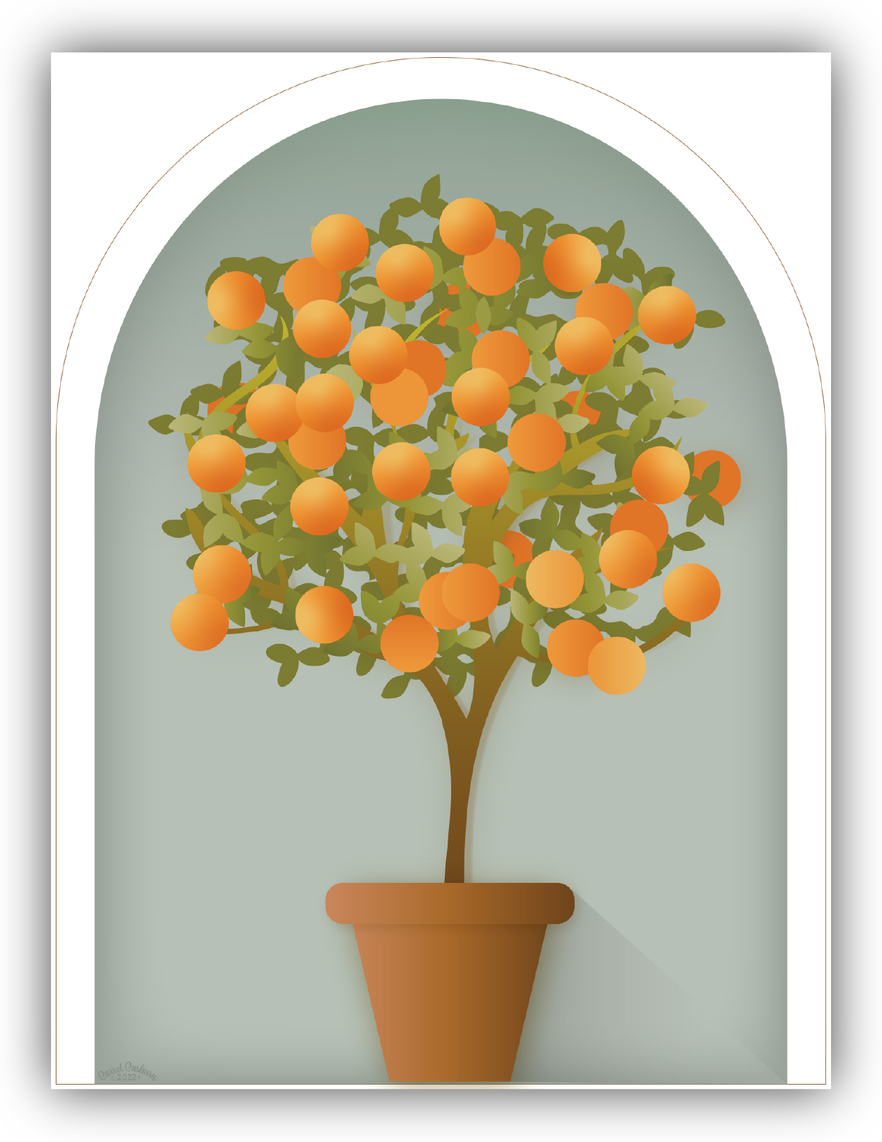 Elegant Orange Tree Topiary Wall Art Blue with White | Fine Art Print - Carrol Casburn Art and Design