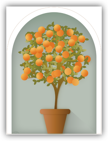 Elegant Orange Tree Topiary Wall Art Blue with White | Fine Art Print - Carrol Casburn Art and Design