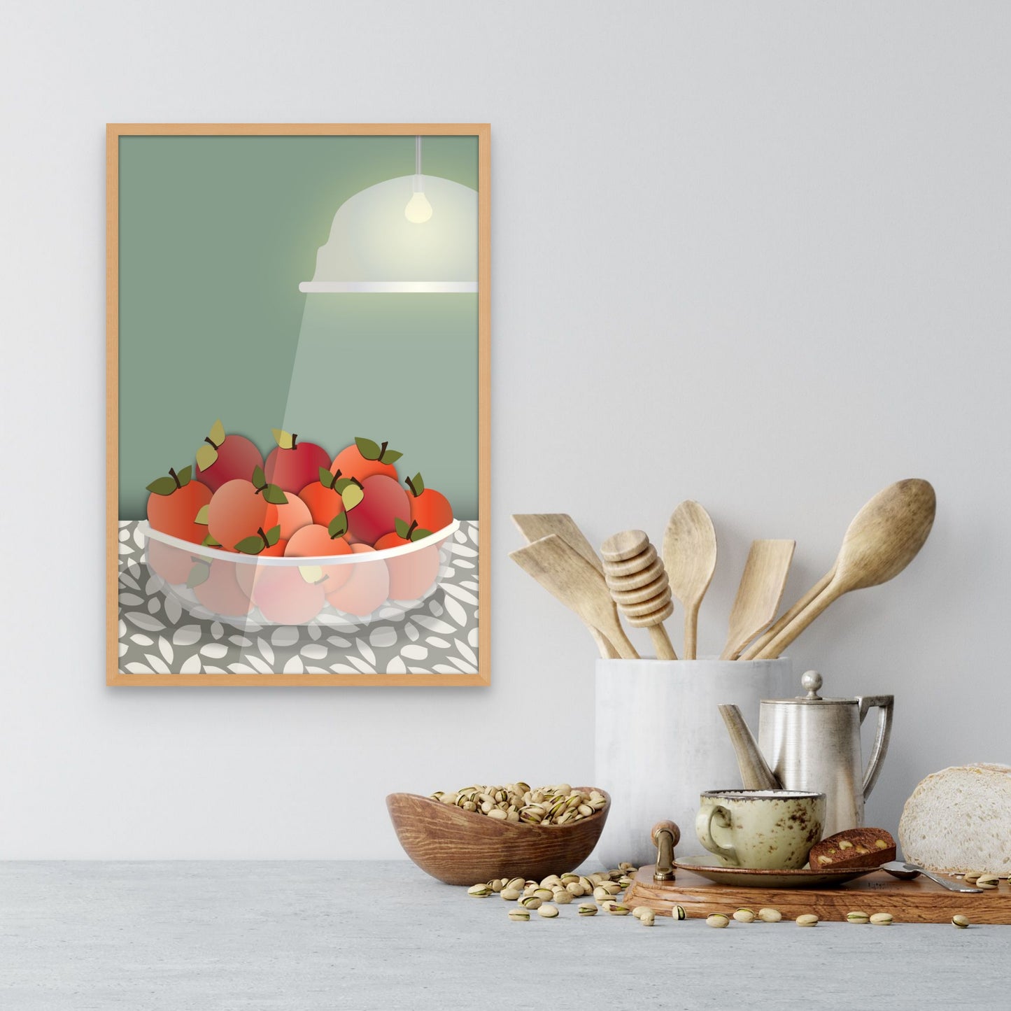 Radiant Harvest Bowl of Apples | Sage Green Background | Fine Art Print Wall Decor