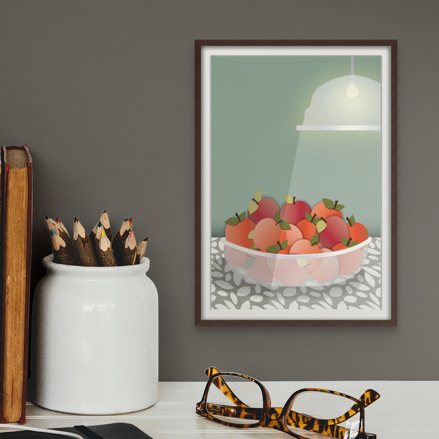 Radiant Harvest Bowl of Apples | Sage Green Background | Fine Art Print Wall Decor